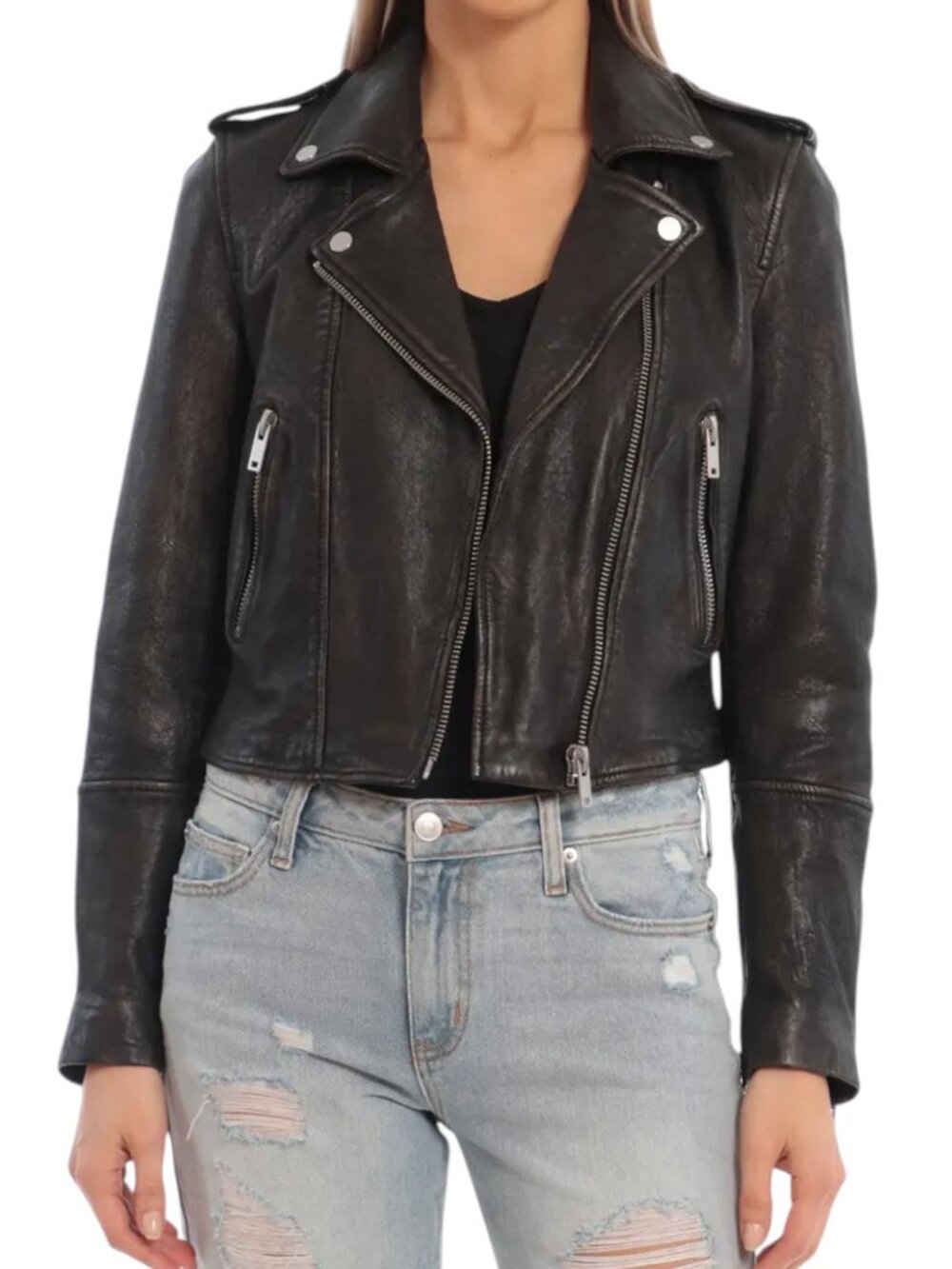 Avec Les Filles 100% Leather Black Biker Jacket Cropped - Size XS